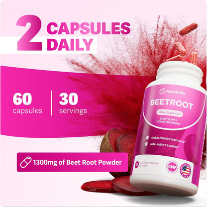 Rosabella Organic Beet Root Capsules - 1300mg Beet Root Powder Aids Healthy Circulation & Vitality, Non-GMO, Beet Root Supplement - 60 Capsules, 30-Day Supply Visit the Rosabella Store