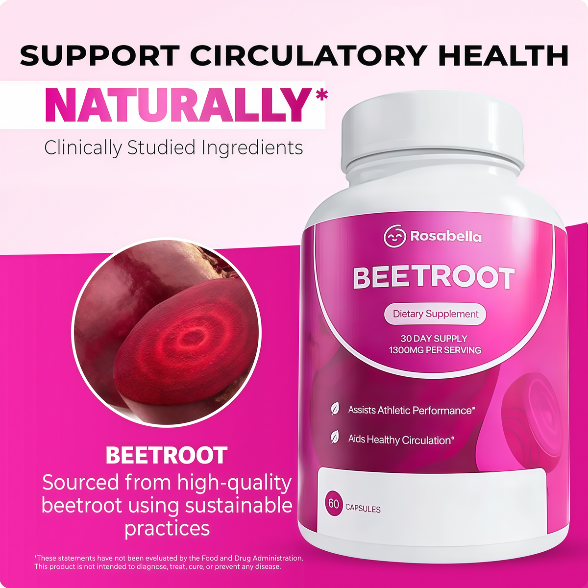 Rosabella Organic Beet Root Capsules - 1300mg Beet Root Powder Aids Healthy Circulation & Vitality, Non-GMO, Beet Root Supplement - 60 Capsules, 30-Day Supply Visit the Rosabella Store