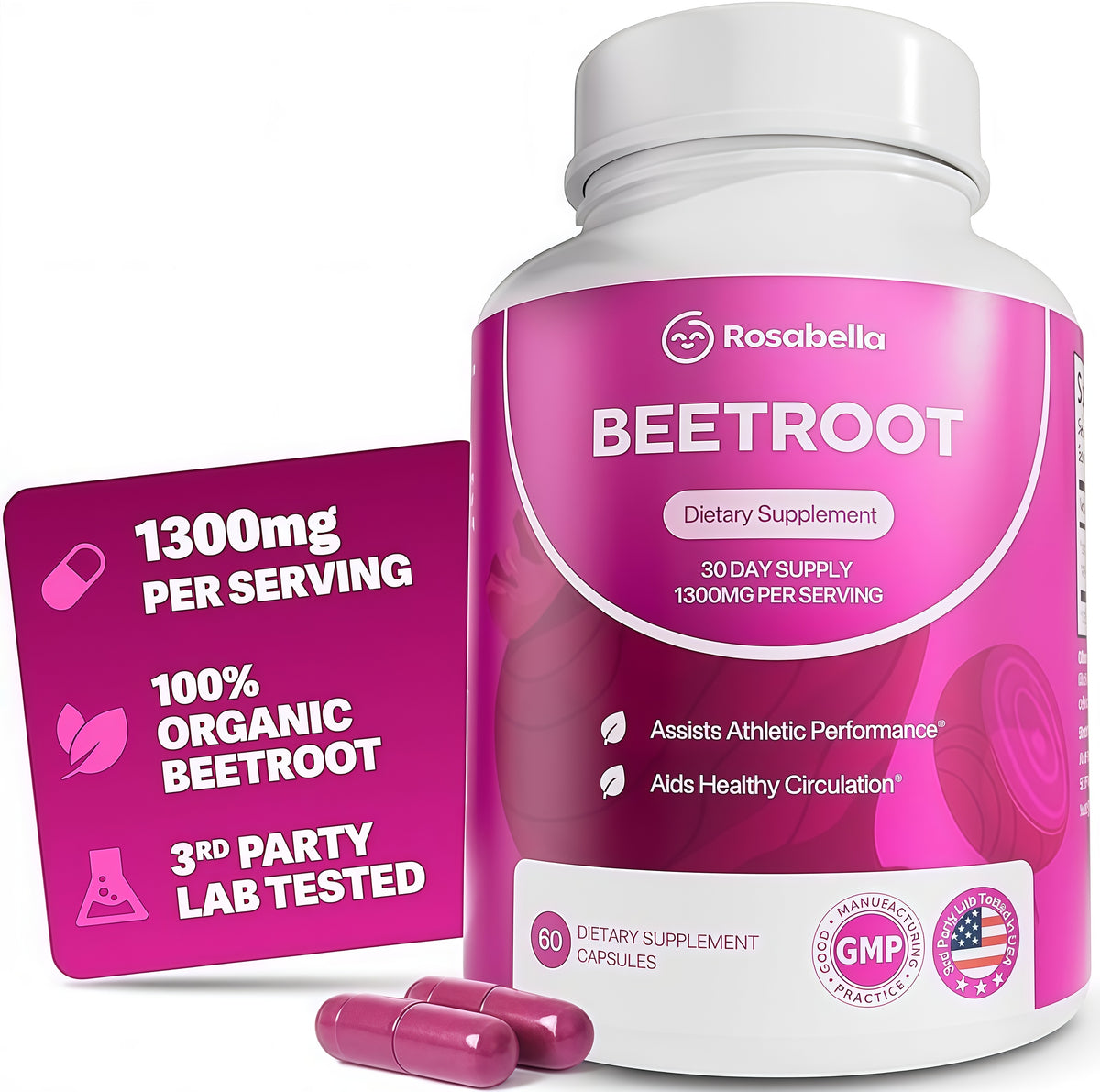 Rosabella Organic Beet Root Capsules - 1300mg Beet Root Powder Aids Healthy Circulation & Vitality, Non-GMO, Beet Root Supplement - 60 Capsules, 30-Day Supply Visit the Rosabella Store