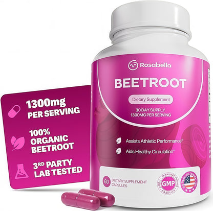 Rosabella Organic Beet Root Capsules - 1300mg Beet Root Powder Aids Healthy Circulation & Vitality, Non-GMO, Beet Root Supplement - 60 Capsules, 30-Day Supply Visit the Rosabella Store