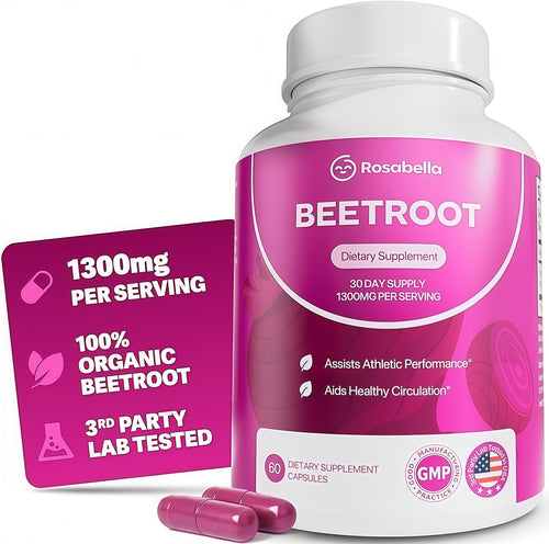 Rosabella Organic Beet Root Capsules - 1300mg Beet Root Powder Aids Healthy Circulation & Vitality, Non-GMO, Beet Root Supplement - 60 Capsules, 30-Day Supply Visit the Rosabella Store